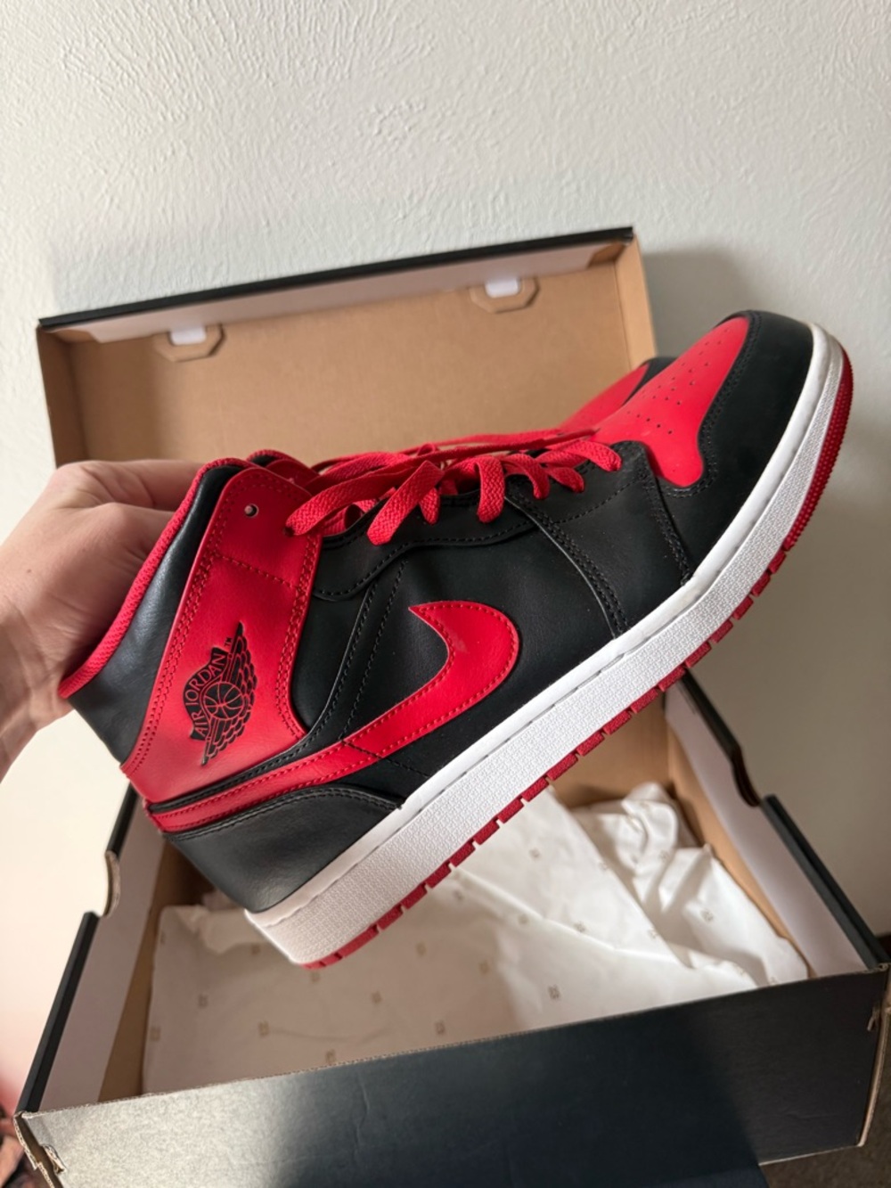 Jordan 1 Mid Nike Men’s Black and Red High-Top Sneakers - Picture 12 of 14